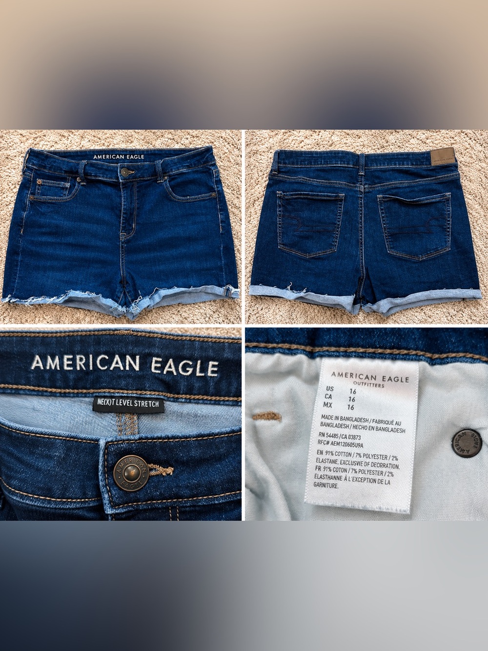 American Eagle Next Level Stretch Denim Shorts Size 16 Dark Wash Frayed Hem